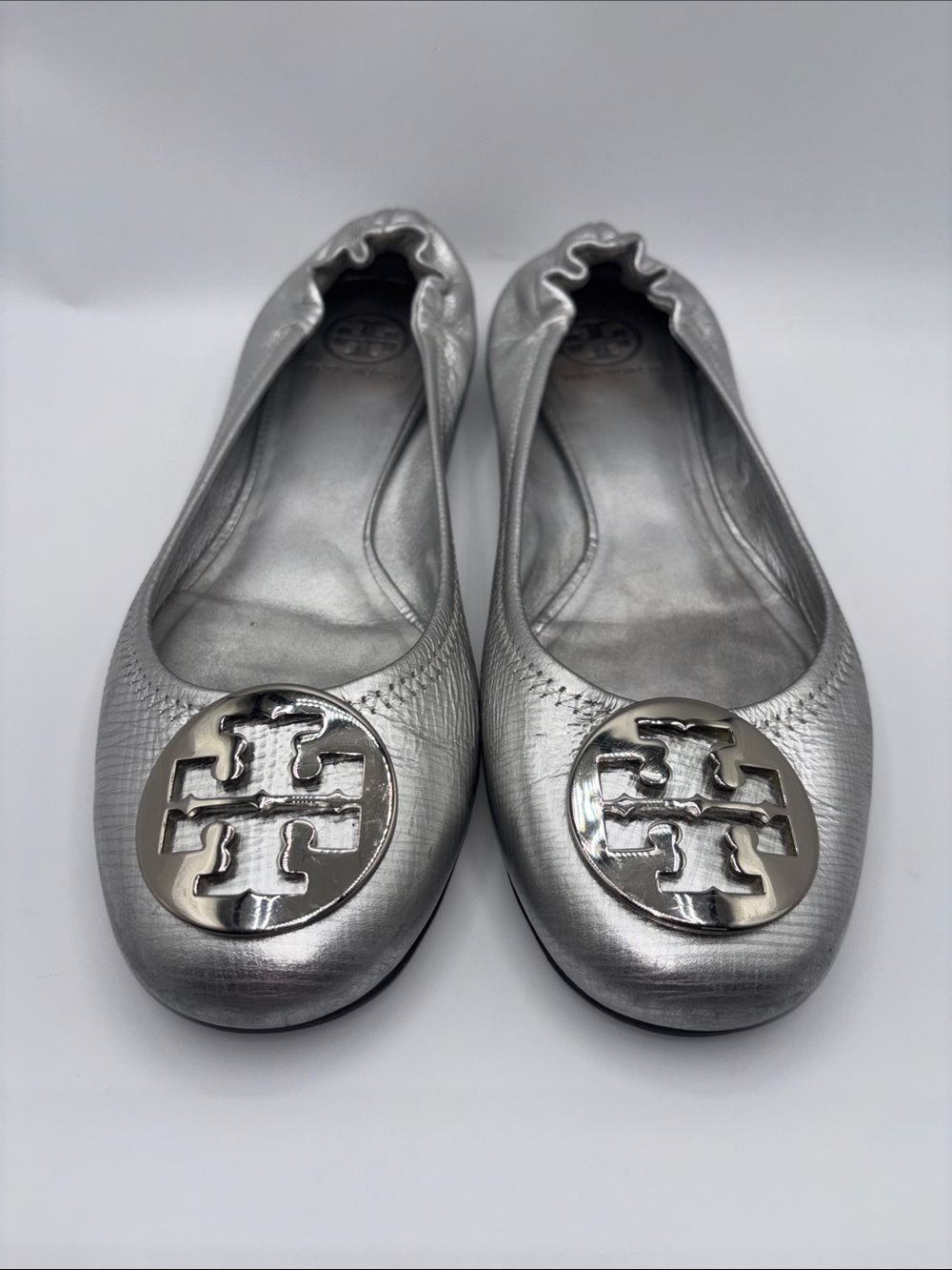 Tory Burch Metallic Silver Logo Round-Toe Ballet Flats